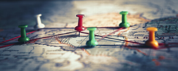 map destinations marked with colored nails