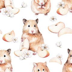 animal sketch cute little red hamster with apple slice and flowers watercolor drawing of a pet pattern 4 white background