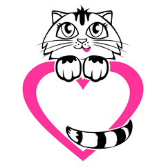 Cute tabby kitten with a pink heart. Frame for congratulations on Valentine's Day. Vector on transparent background