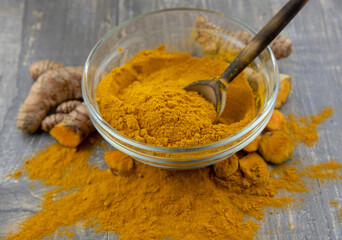Fresh turmeric root and turmeric powder in a transparent bowl on a gray background.