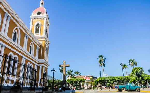 Parque Central in front of Our Lady of the Assumption Cathedral or Granada Cathedral in Granada, Nicaragua