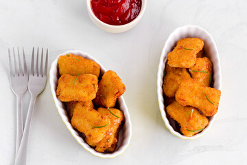 Chicken Nuggets with Tomato Ketchup Top Down Photo on White Background