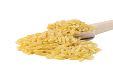 In Greece called kritharaki. In Italy called Orzo. Rice shaped pasta in wooden spoon isolated on white background.Type of pasta. Food ingredient.