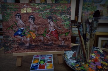      paint brushes, palette , decoration , Art painting oil color ,children playing From Thailand    