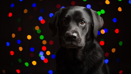 adorable older black labrador dog sitting in a studio with colorful christmas lights in the...