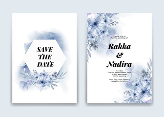 wedding invitation card with blue waves shapes and flower