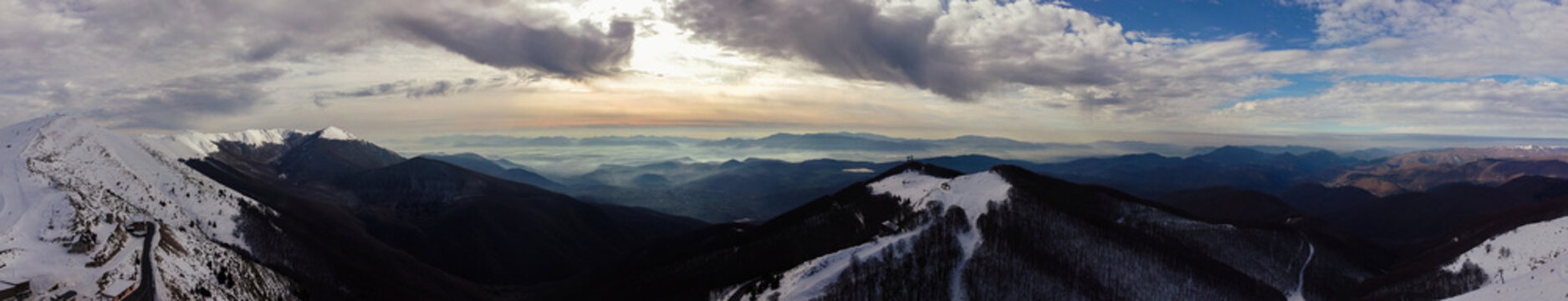 italian appennini landscape, mountain near to Roma , ciociaria , valle del sacco . Campo catino , campagna ciociara durante una giornata invernale. Italian snow