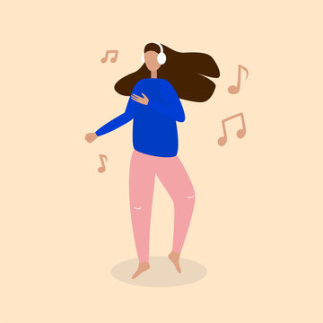 Musical concept. Girl with headphones dances to pleasant and energetic music. Flat modern vector illustration.