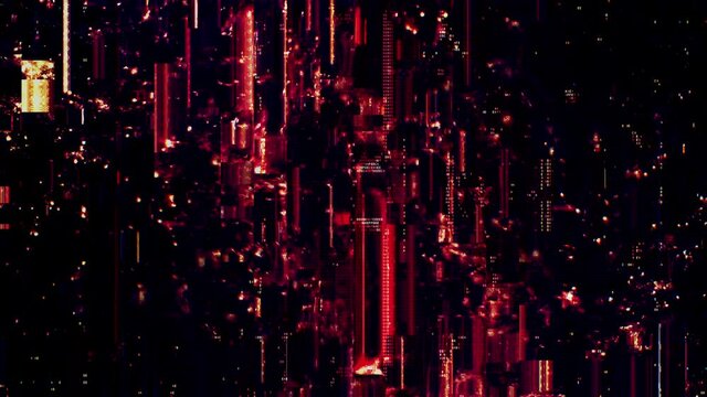 Hypnotic abstract trippy digital code cyber glitch background 3D animation loop. Psychedelic stylish artificial intelligence backplate with block graphics and code fragments depicting a computer hack.