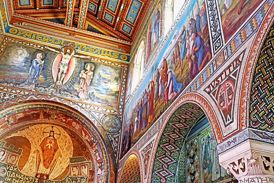 BEIT JAMAL, ISRAEL - SEPTEMBER 23, 2017: Internal painting on walls of church of the First Martyr St. Stephen in the monastery Beit Jamal