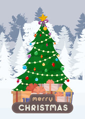 Merry Christmas card with an elegant Christmas tree and a mountain of gifts on the background of a snowy forest. Winter ready postcard. Vector illustration.