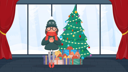 A girl in a snowy forest drinks a hot drink on the background of a pine tree and gifts. A woman in warm winter clothes holds a cup in her hands. Vector