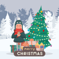 Postcard merry christmas. A girl in a snowy forest drinks a hot drink on the background of a pine tree and gifts. A woman in warm winter clothes holds a cup in her hands. A mountain of gifts. Vector
