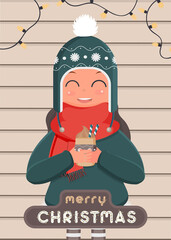 Postcard merry christmas. A girl with winter warm clothes and glasses holds a hot drink in her hands. Wooden background. Vector illustration.
