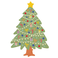 Christmas tree isolated on white. Flat design. Greetings seasons element.