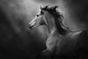 Fototapeta na wymiar White andalusian horse portrait in motion isolated on dark background. Black and white
