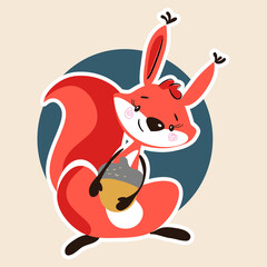 Cartoon squirrel in a hat and scarf with a mushroom