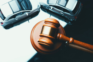 Model of car and gavel. Accident lawsuit or insurance, court case. - obrazy, fototapety, plakaty