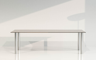 Empty wooden table with steel base and interior background 3d render illustration