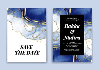 wedding invitation card with golden blue navy waves shapes