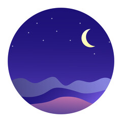 Vector night landscape with moon and stars in the sky. Natural landscape. Vector icon or illustration in the shape of a circle