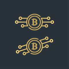 Set of color illustrations bitcoin, circle, network on a dark blue background. Vector illustration for logo, emblem, badge, sticker. Symbols of cryptocurrency transactions.