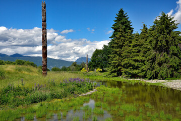 VANCOUVER, BC, CANADA, JUNE 03, 2019: First Nations totem poles in Museum of Anthropology at the...