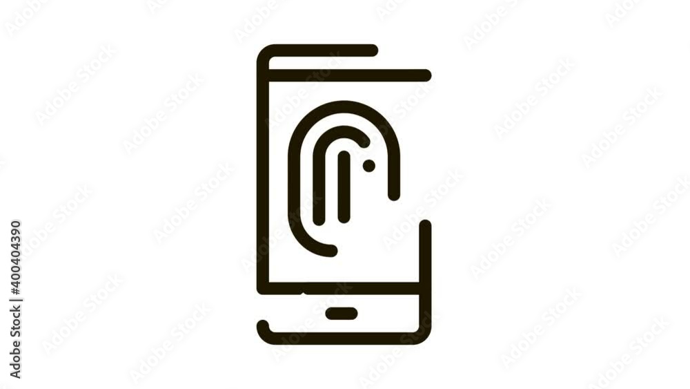 Poster scan fingerprint in phone icon animation. black scan fingerprint in phone animated icon on white bac