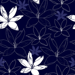 Seamless pattern with white flowers on a blue background. Hand drawn floral texture.