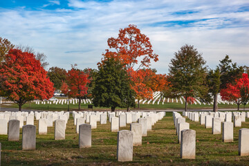 Gravestones at the historic Arlington National Cemetery in Virginia during in autumn