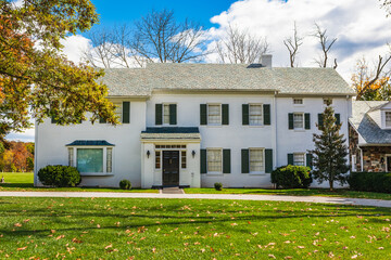 Front exterior of President Dwight D. Eisenhower and First Lady Mamie Eisenhower's retirement home and farm at the Eisenhower National Historic Site in Gettysburg, PA