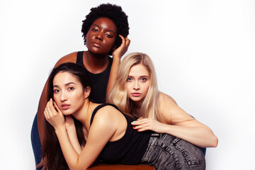 Fototapeta premium diverse multi nation girls group, teenage friends company cheerful having fun, happy smiling, cute posing isolated on white background, lifestyle people concept, african-american, asian and caucasian