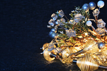 Background Christmas toys on a dark background with lights