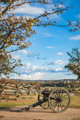Fototapeta na wymiar Cannon at Oak Hill, which marks the location of the first day of fighting in the Battle of Gettysburg during the Civil War