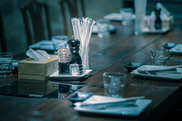 Dining table for dinner in blue tones