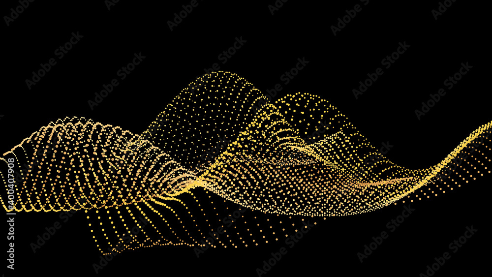 Wall mural sound wave from node. gold interface big data flow. copy space cover template. vector swirl isolated