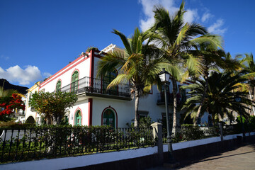 Fototapeta na wymiar Bunte Häuser in Puerto de Mogan mit Palmen