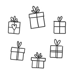 Hand drawn gifts collection. Present box with ribbons. Doodle illustrations. Christmas gift symbols.