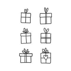 Hand drawn gifts collection. Present box with ribbons. Doodle illustrations. Christmas gift symbols.