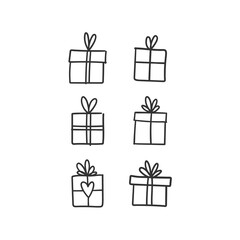 Hand drawn gifts collection. Present box with ribbons. Doodle illustrations. Christmas gift symbols.
