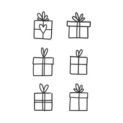 Hand drawn gifts collection. Present box with ribbons. Doodle illustrations. Christmas gift symbols.