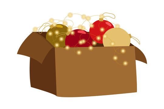 Beautiful vector illustration carton box with a bunch christmas gold and red balls to decorate the Christmas tree to prepare for the new year holiday in winter. For flyer, party, invitation