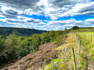 Narrow wooden fenced footpath, on the hill tops above, Shibden Valley, Halifax, UK