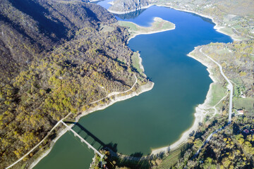 Aerial view of Lake Turano in Rieti, Castel di tora, colle di tora and Ascrea lakeside villages