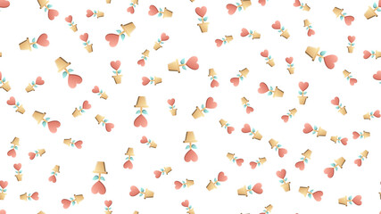 Endless seamless pattern of beautiful festive love flowers in pots with hearts on a white background.  illustration