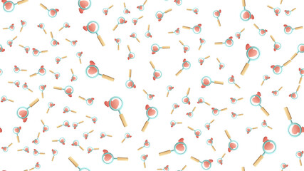 Endless seamless pattern of beautiful festive love joyful tender hearts with magnifying glasses for searching on a white background. illustration