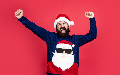 santa claus bearded man wish happy new year and merry christmas holiday ready to celebrate winter party with fun and joy full of xmas presents and gifts, celebration