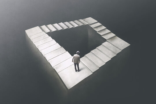 Fototapeta Illustration of man rising Penrose stairs, surreal concept