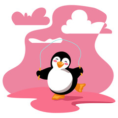Cute cartoon penguin is having training outdoors. Jumping rope is fast but the bird is faster. Vector illustration with editable elements organized into groups and layers.