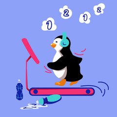 Cute cartoon penguin is having workout in a gym. Cardio workout is hard but little hero keeps on training. Vector illustration with editable elements organized into groups and layers.